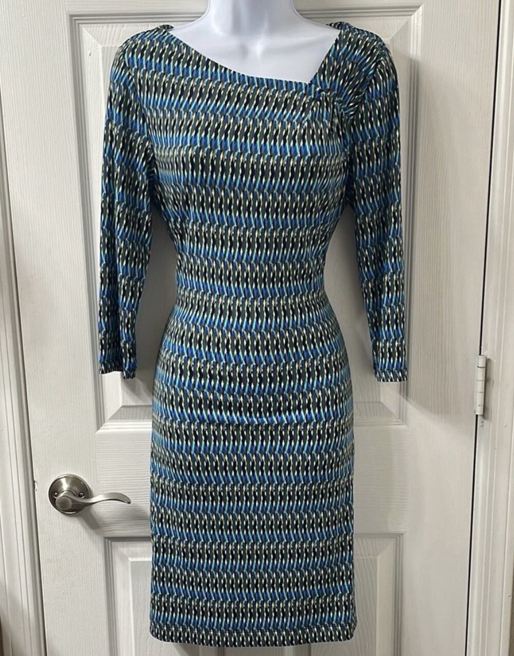 Calvin Klein Womens 10 Geometric 3/4 Sleeve Dress multicolor Stretch Career